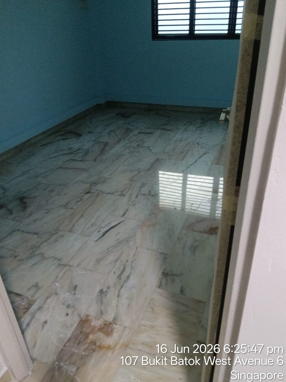 Freshly polished terrazzo bedroom floor with cat-and-dog wallpaper doorway