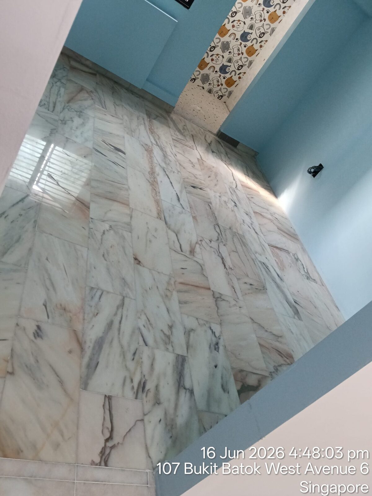 Freshly polished terrazzo bedroom floor, second angle