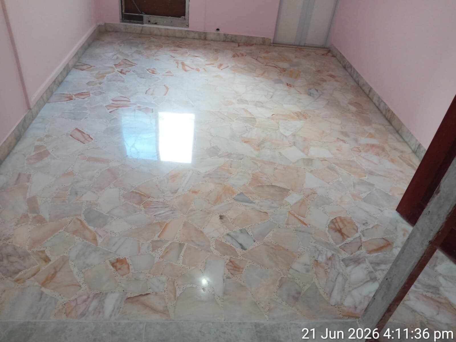 Freshly polished terrazzo room floor
